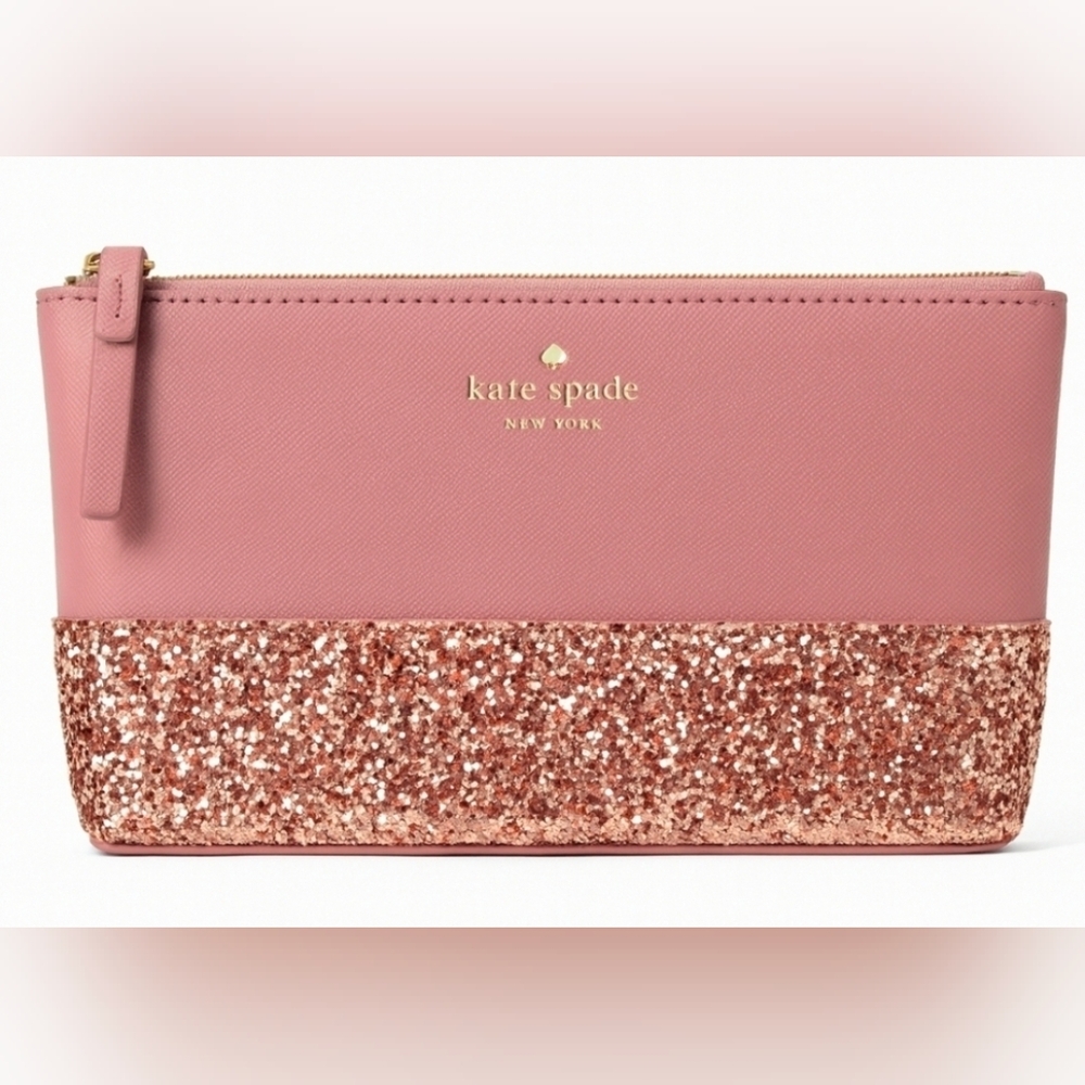 KATE SPADE Greta Court Little Shiloh Sparkle Cosmetic Bag Dusty Rose Peony